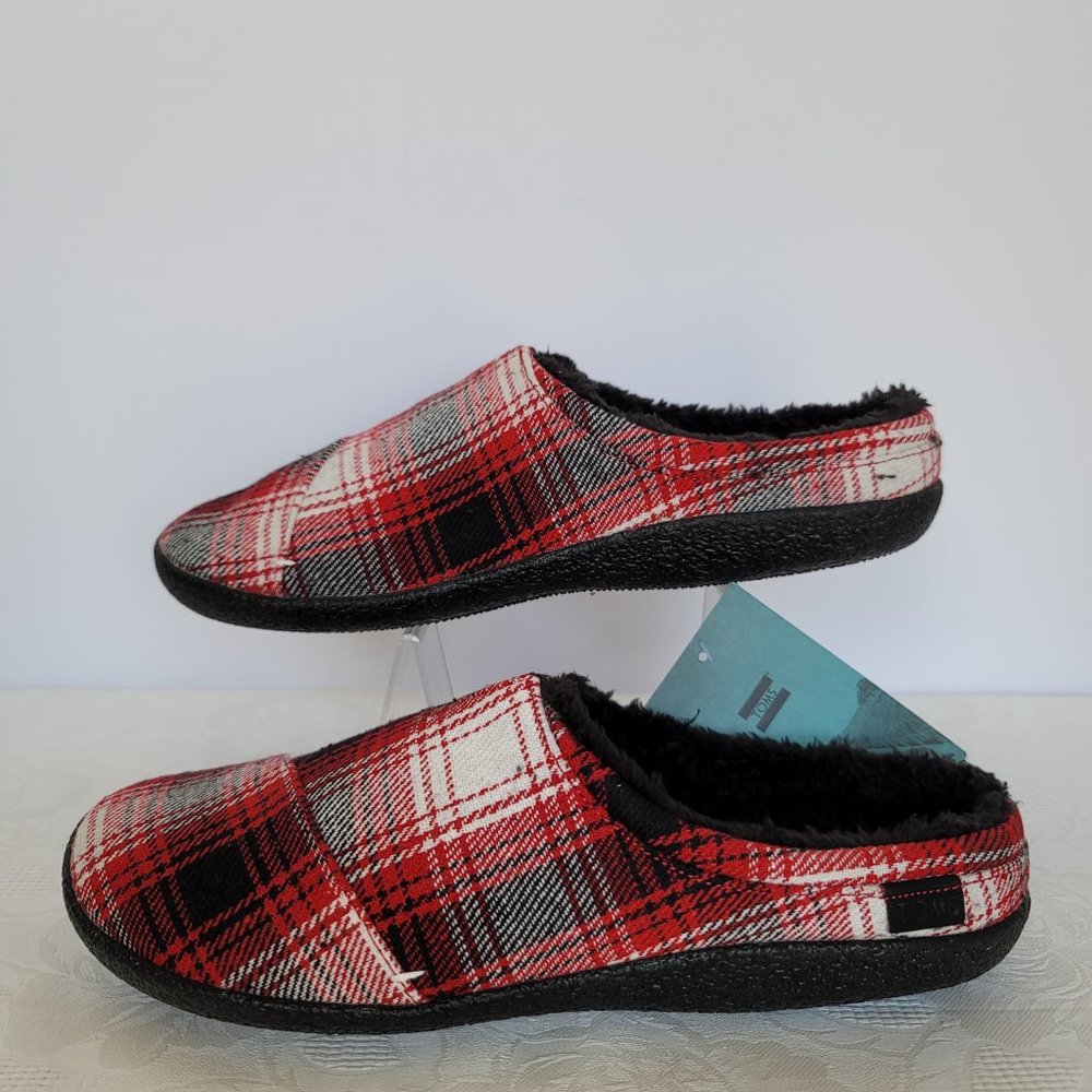 TOMS Men's Berkeley Faux Fur Lined Slip-On Slippers-Red Plaid- MEN's US Size 10⭐ - Picture 9 of 13